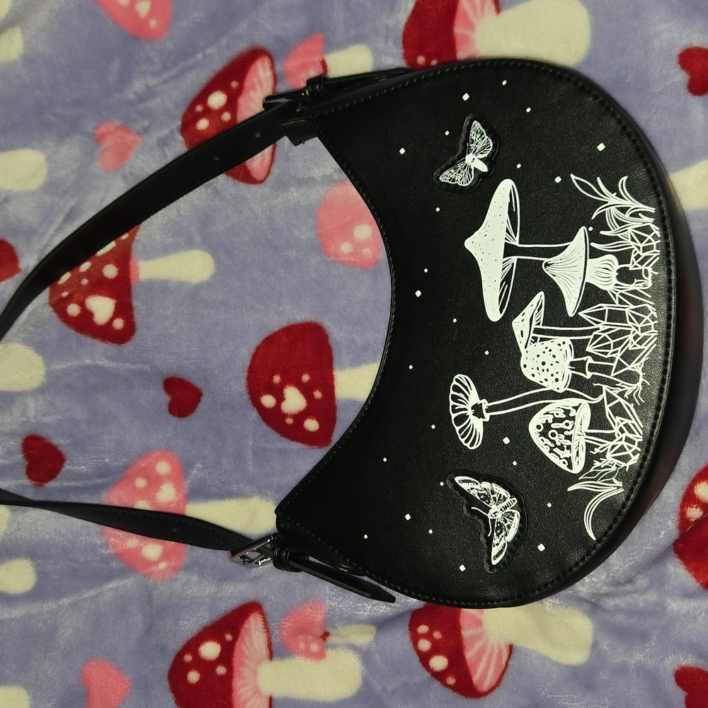Black Shoulder Bag with Mushroom and Butterfly Design
